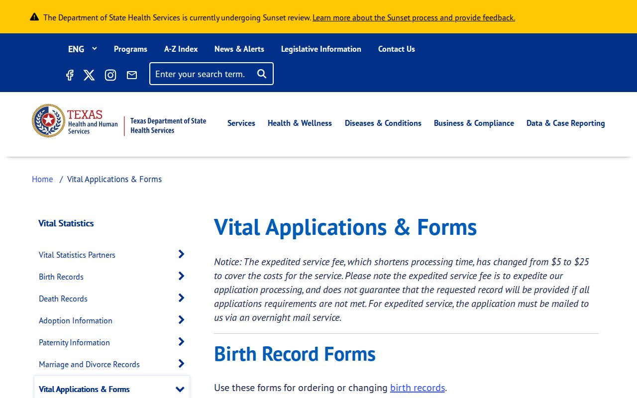Cloverleaf resident lookup through Texas DSHS vital-record application forms