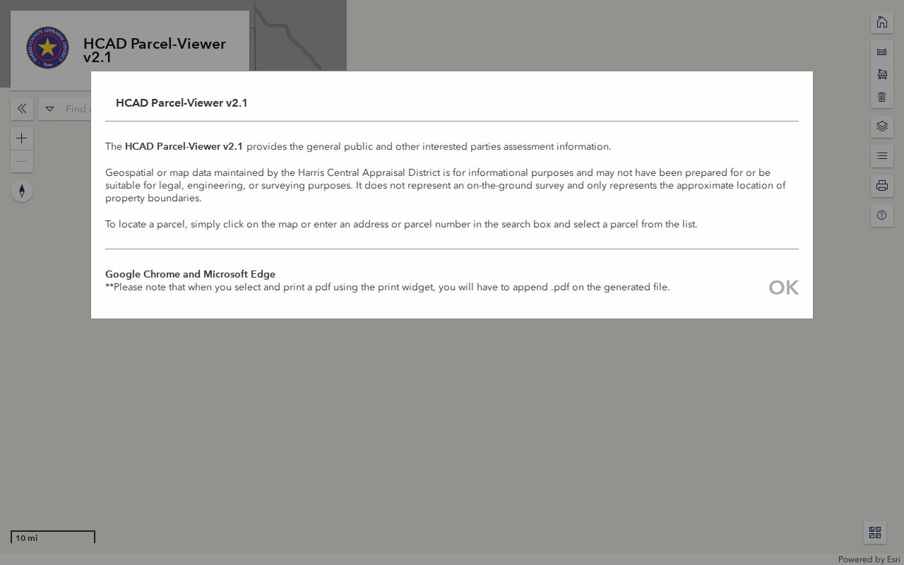 Cloverleaf street directory HCAD Parcel Viewer with address and parcel search controls